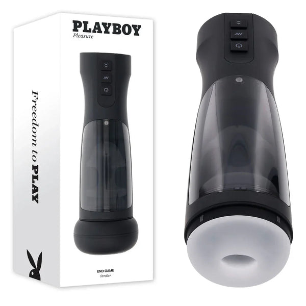 Playboy Pleasure End Game self-sanitising vibrating stroker in black beside its box