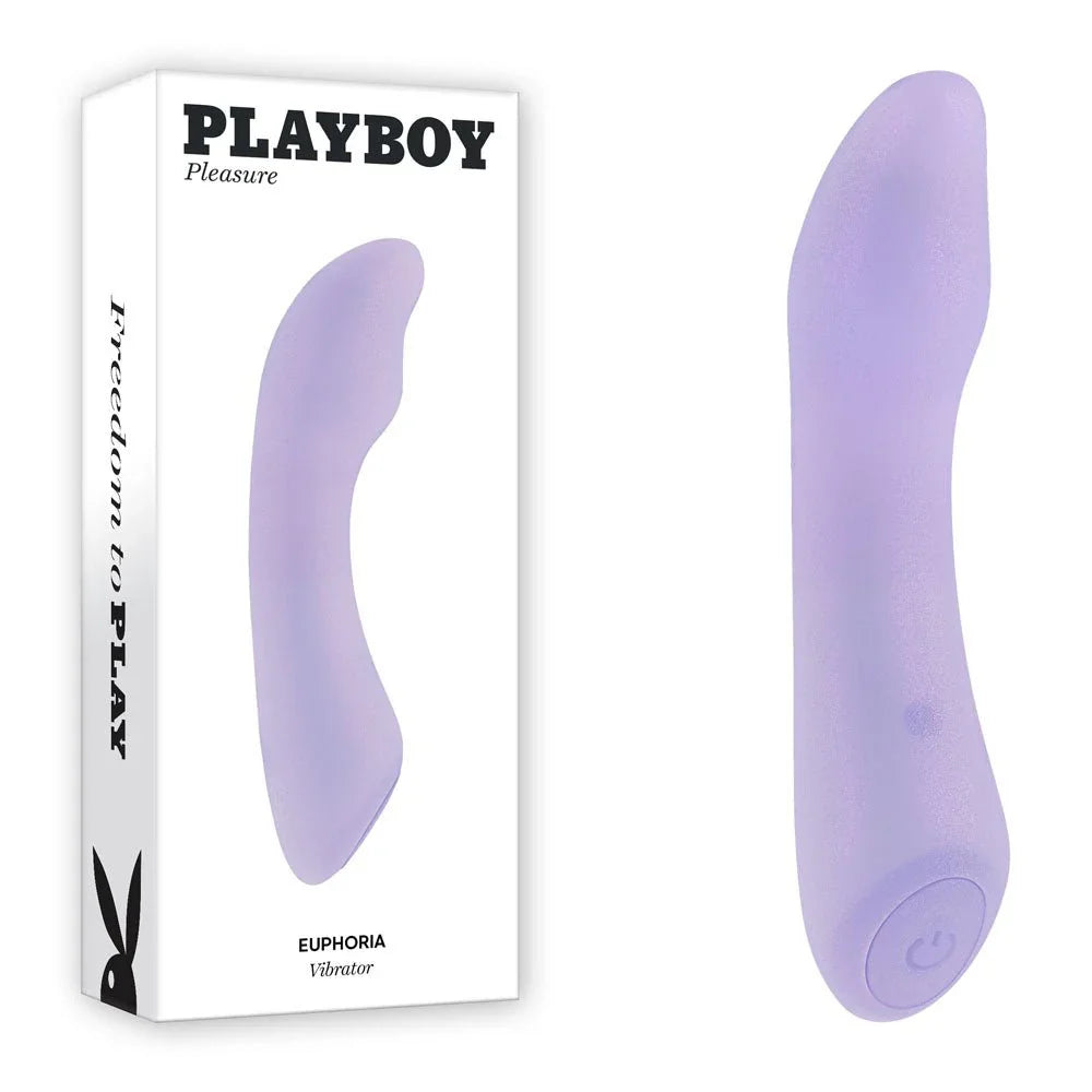 Playboy Pleasure Euphoria mini vibrator in opal lilac beside its retail box