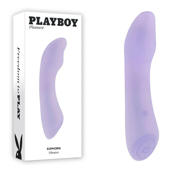 Playboy Pleasure Euphoria mini vibrator in opal lilac beside its retail box