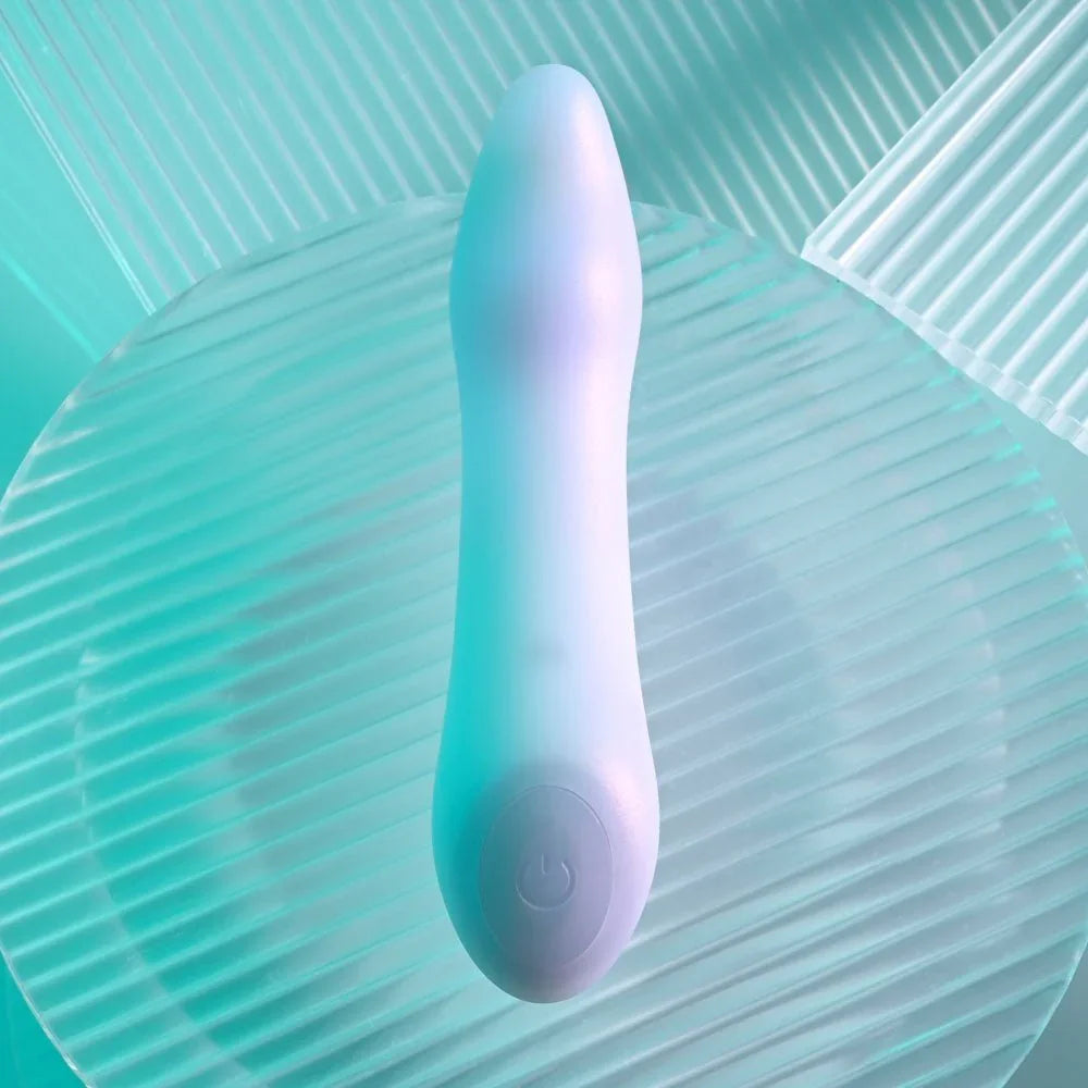 Opal Euphoria mini vibrator standing vertically, single button at the base