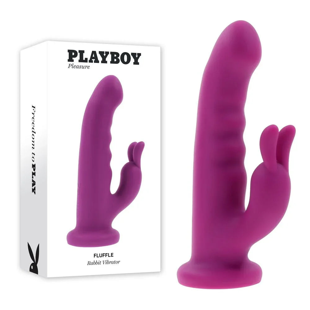 Playboy Pleasure Fluffle rabbit vibrator in purple with ribbed shaft, beside its box
