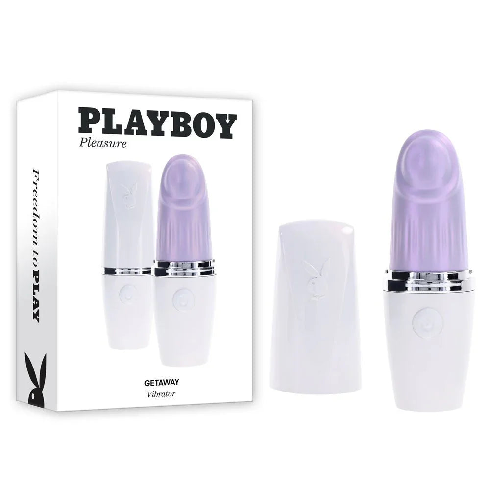 Playboy Pleasure Getaway tapping clitoral stimulator in white and purple with travel cap