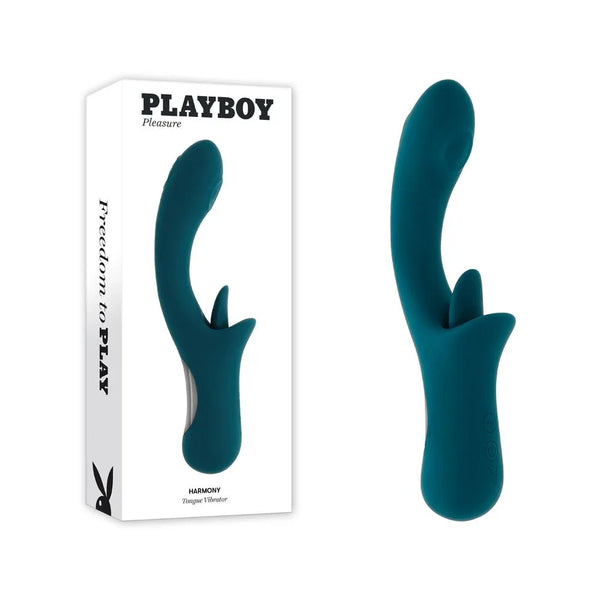 Playboy Pleasure Harmony vibrator with clitoral flicker in blue beside its retail box