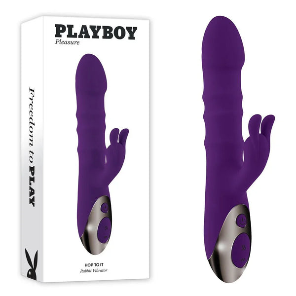 Playboy Pleasure Hop To It rabbit vibrator in purple with ribbed shaft, beside its box