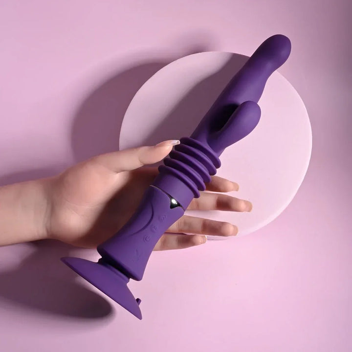 Hoppy Ending thrusting rabbit held in a hand, ribbed thrusting section in view
