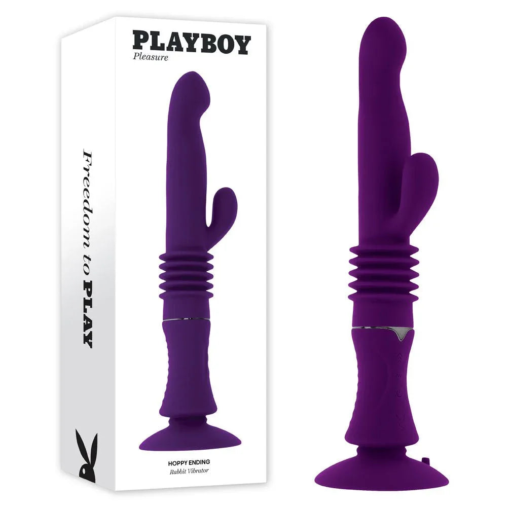 Playboy Pleasure Hoppy Ending thrusting rabbit vibrator in purple beside its retail box
