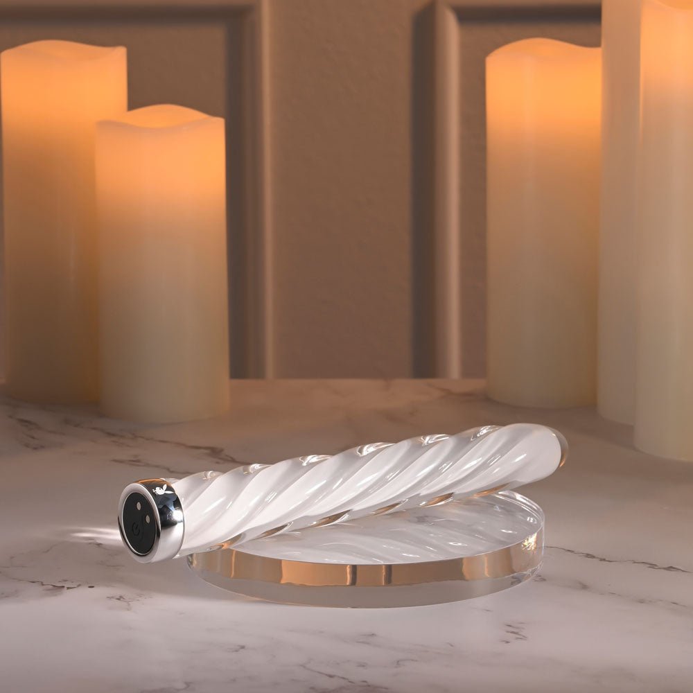 Buy Playboy Pleasure IN A TWIST - White Glass 17.5 cm USB Rechargeable Vibrator – Naughtyhut NZ sex toys online. Discreet delivery & top brands.