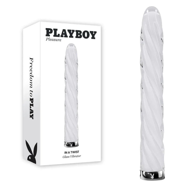 Playboy Pleasure In A Twist glass vibrator in white with spiral ridges, beside its box