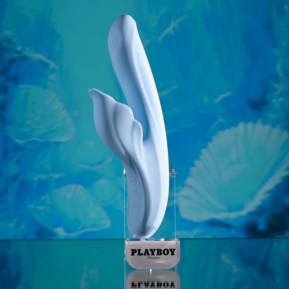 Playboy Pleasure IN BLOOM - Blue 23.5 cm USB Rechargeable Thrusting Tapping & Heating Dual Vibrator – Sex toys NZ by Naughtyhut. Discreet delivery nationwide.