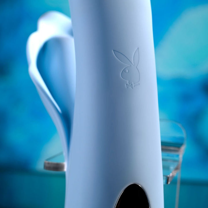 Playboy Pleasure IN BLOOM - Blue 23.5 cm USB Rechargeable Thrusting Tapping & Heating Dual Vibrator – Sex toys NZ by Naughtyhut. Discreet delivery nationwide.
