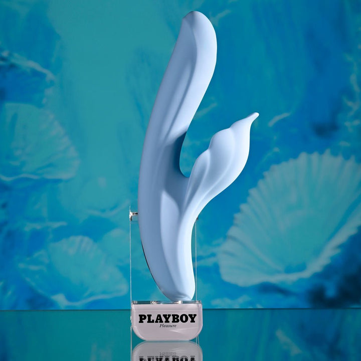 Playboy Pleasure IN BLOOM - Blue 23.5 cm USB Rechargeable Thrusting Tapping & Heating Dual Vibrator – Sex toys NZ by Naughtyhut. Discreet delivery nationwide.