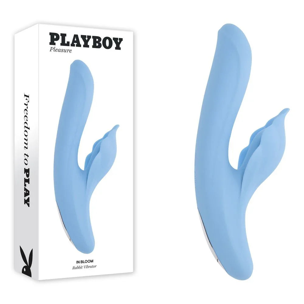 Playboy Pleasure In Bloom thrusting and heating vibrator in light blue with its box