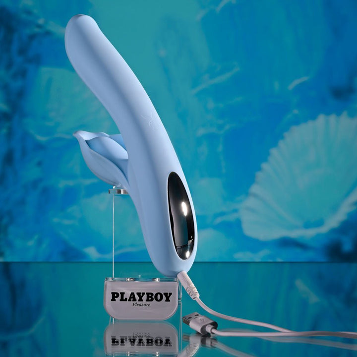 Playboy Pleasure IN BLOOM - Blue 23.5 cm USB Rechargeable Thrusting Tapping & Heating Dual Vibrator – Sex toys NZ by Naughtyhut. Discreet delivery nationwide.