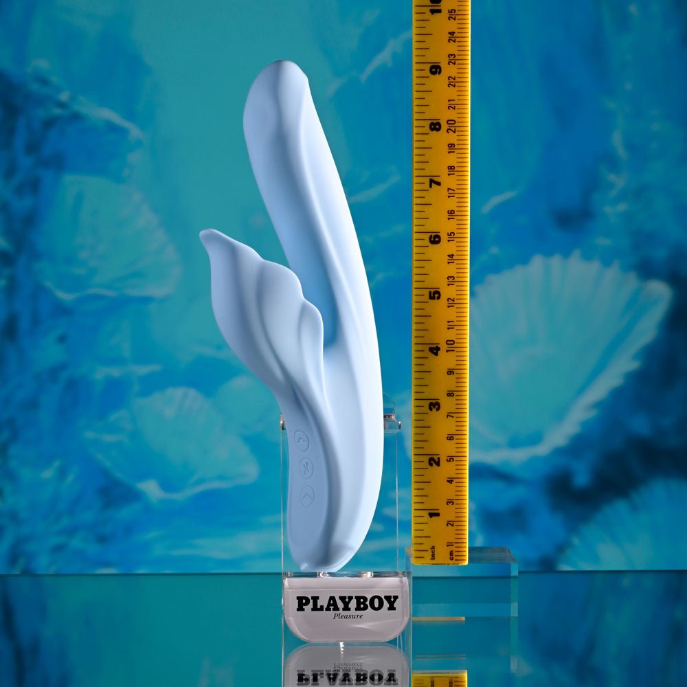 Playboy Pleasure IN BLOOM - Blue 23.5 cm USB Rechargeable Thrusting Tapping & Heating Dual Vibrator – Sex toys NZ by Naughtyhut. Discreet delivery nationwide.