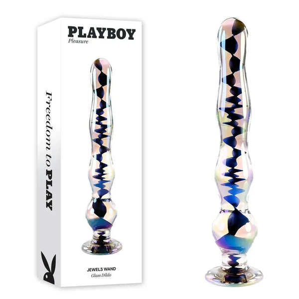 Playboy Pleasure Jewels Wand glass dildo in iridescent clear beside its retail box