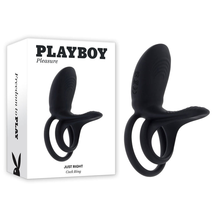 Playboy Pleasure JUST RIGHT - Black USB Rechargeable Vibrating Cock & Balls Rings – Sex toys NZ by Naughtyhut. Discreet delivery nationwide.