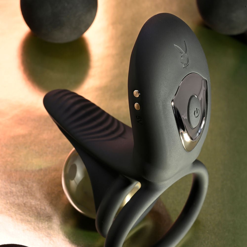 Playboy Pleasure JUST RIGHT - Black USB Rechargeable Vibrating Cock & Balls Rings – Sex toys NZ by Naughtyhut. Discreet delivery nationwide.