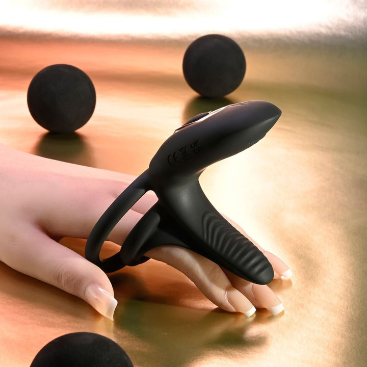 Playboy Pleasure JUST RIGHT - Black USB Rechargeable Vibrating Cock & Balls Rings – Sex toys NZ by Naughtyhut. Discreet delivery nationwide.