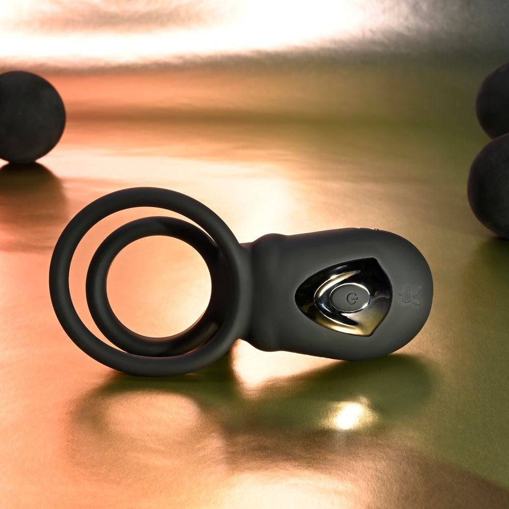 Playboy Pleasure JUST RIGHT - Black USB Rechargeable Vibrating Cock & Balls Rings – Sex toys NZ by Naughtyhut. Discreet delivery nationwide.