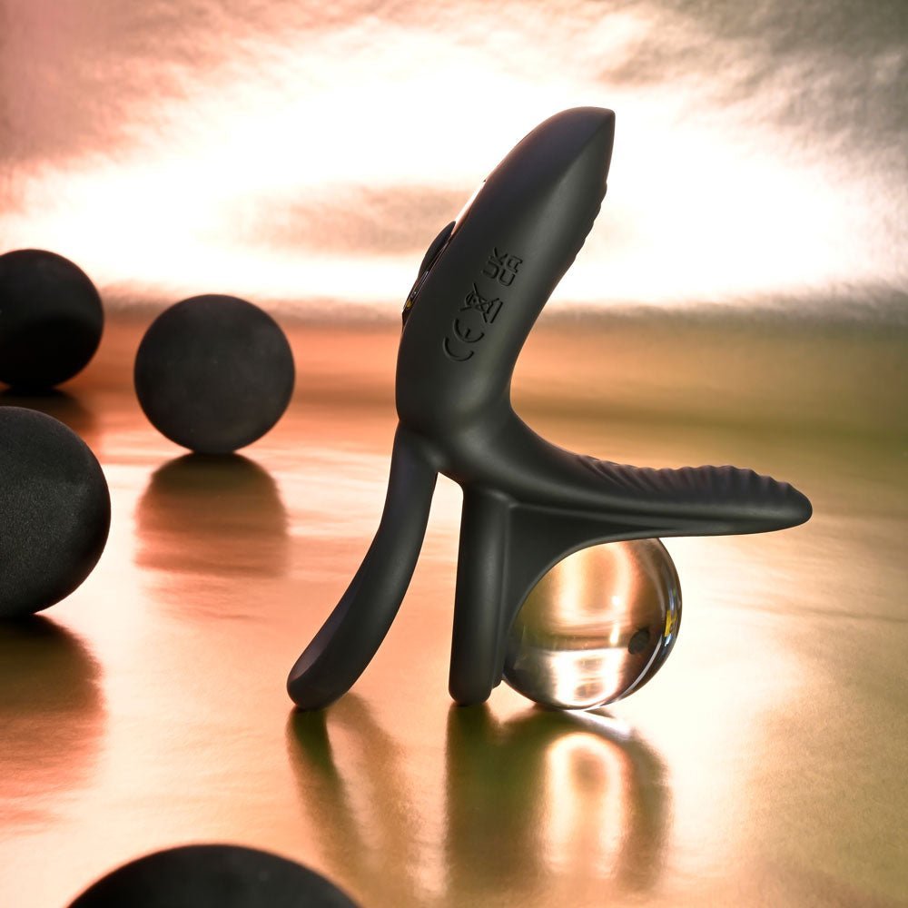 Playboy Pleasure JUST RIGHT - Black USB Rechargeable Vibrating Cock & Balls Rings – Sex toys NZ by Naughtyhut. Discreet delivery nationwide.