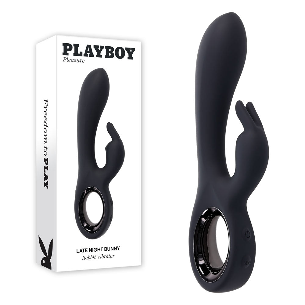 Playboy Pleasure LATE NIGHT BUNNY - Black 20 cm USB Rechargeable Rabbit Vibrator – Sex toys NZ by Naughtyhut. Discreet delivery nationwide.