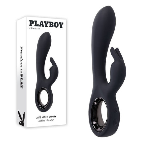 Buy Playboy Pleasure LATE NIGHT BUNNY - Black 20 cm USB Rechargeable Rabbit Vibrator – Naughtyhut NZ sex toys online. Discreet delivery & top brands.
