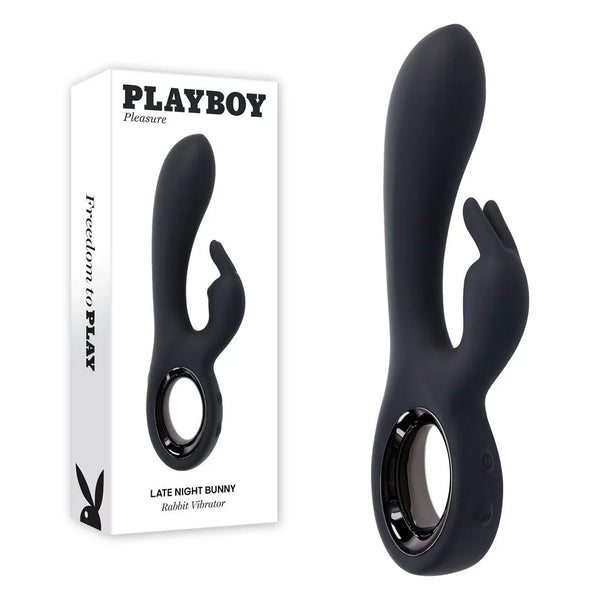 Playboy Pleasure Late Night Bunny rabbit vibrator in black with ring handle and box
