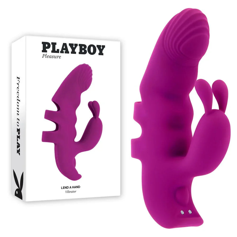 Playboy Pleasure Lend A Hand finger vibrator in purple beside its retail box