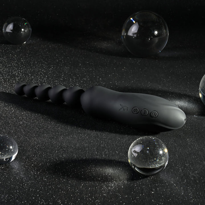 Playboy Pleasure LET IT BEAD - Black 23.1 cm USB Rechargeable Vibrating Anal Beads with Clitoral Suction – Sex toys NZ by Naughtyhut. Discreet delivery nationwide.