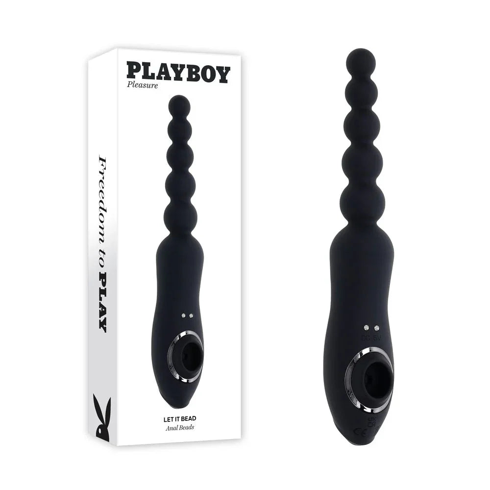 Playboy Pleasure Let It Bead vibrating anal beads in black beside its retail box