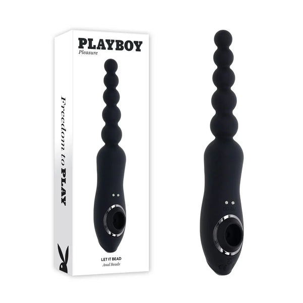 Playboy Pleasure Let It Bead vibrating anal beads in black beside its retail box