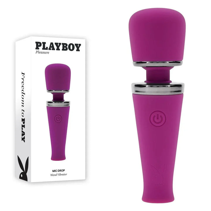 Playboy Pleasure Mic Drop mini massage wand in purple beside its retail box