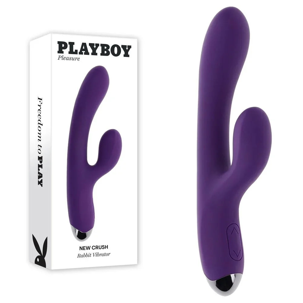 Playboy Pleasure New Crush rabbit vibrator in purple beside its retail box