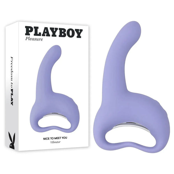 Playboy Pleasure Nice To Meet You G-spot vibrator in purple beside its retail box