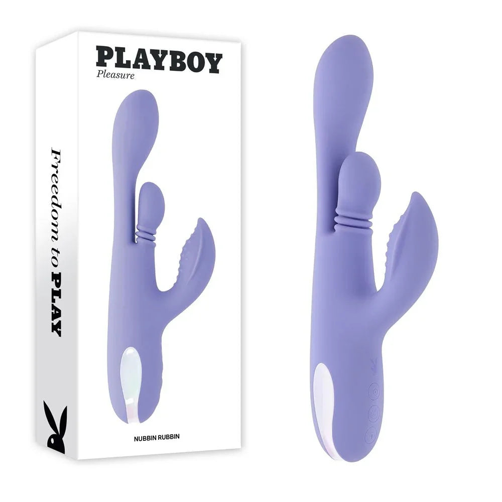 Playboy Pleasure Nubbin Rubbin thrusting rabbit vibrator in purple with its retail box