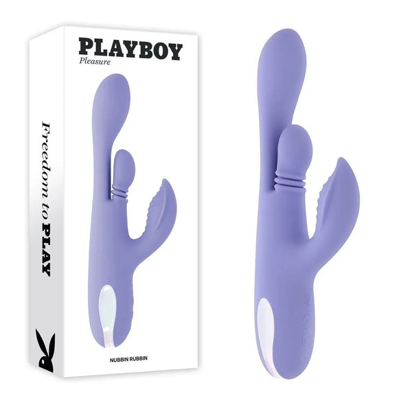 Playboy Pleasure Nubbin Rubbin thrusting rabbit vibrator in purple with its retail box