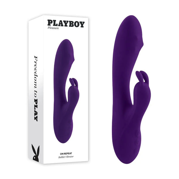 Playboy Pleasure On Repeat rabbit vibrator in purple beside its retail box