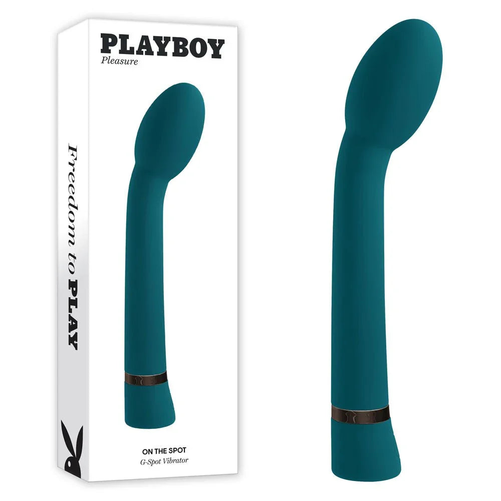 Playboy Pleasure On The Spot G-spot vibrator in blue beside its retail box