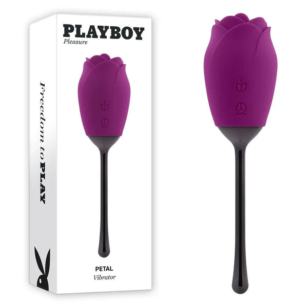 Playboy Pleasure Petal flicking clitoral stimulator, rose-shaped in purple with its box