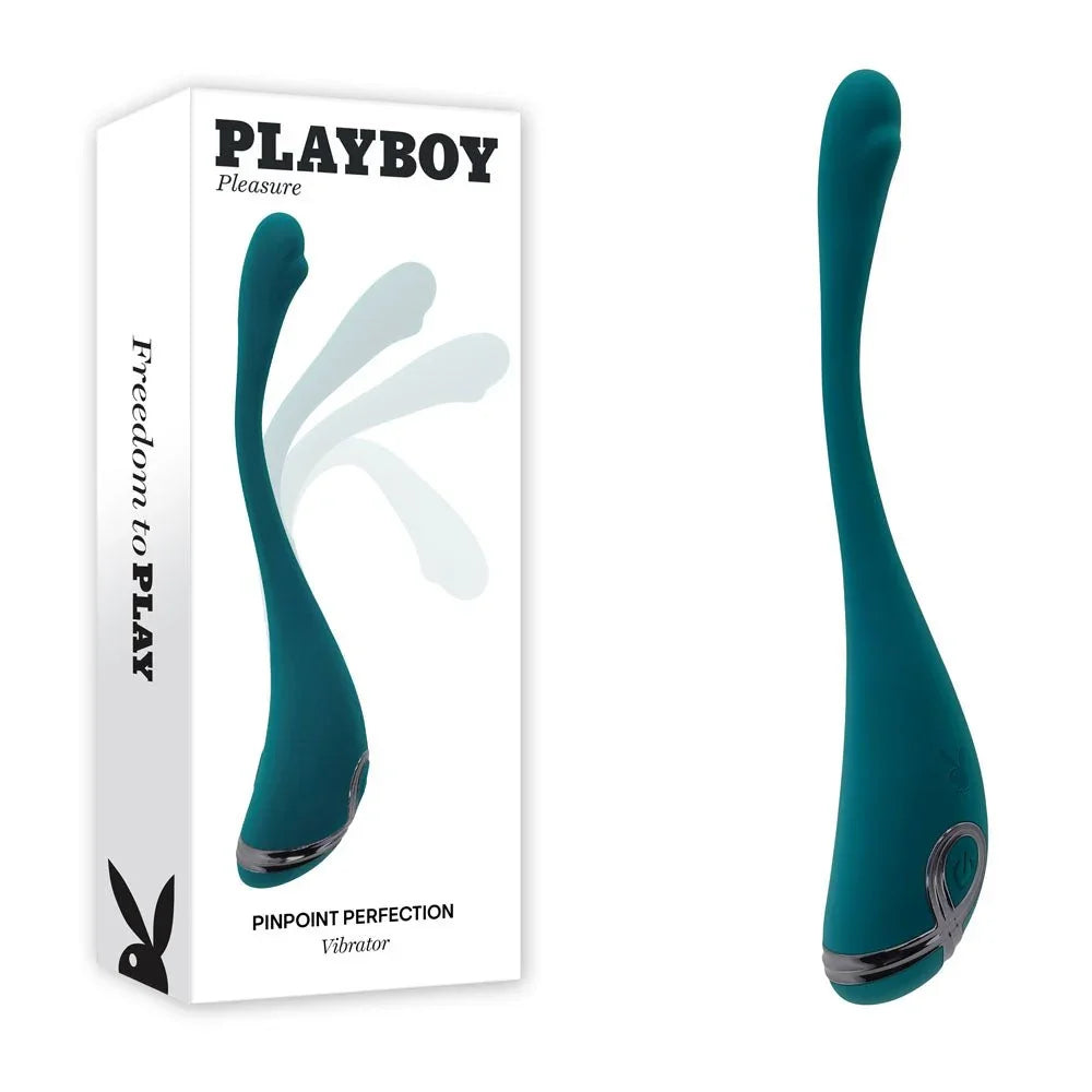 Playboy Pleasure Pinpoint Perfection poseable vibrator in green beside its retail box