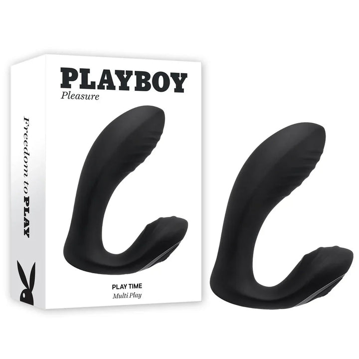 Playboy Pleasure Play Time vibrator in black beside its retail box