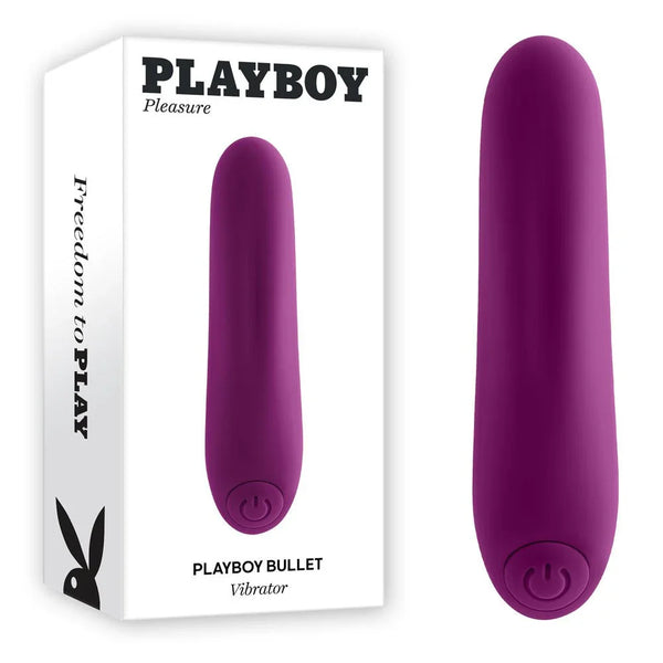 Playboy Pleasure bullet vibrator in purple beside its retail box, single button base