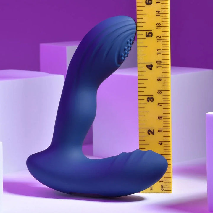 Blue Pleasure Pleaser measured against a ruler at roughly 5 inches