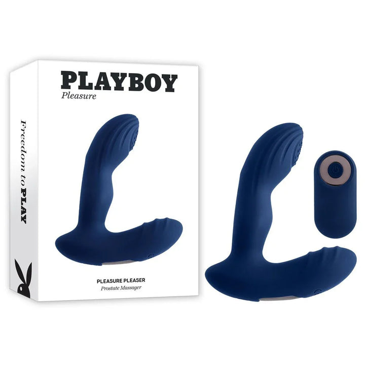 Playboy Pleasure Pleasure Pleaser prostate massager in blue beside its box and remote