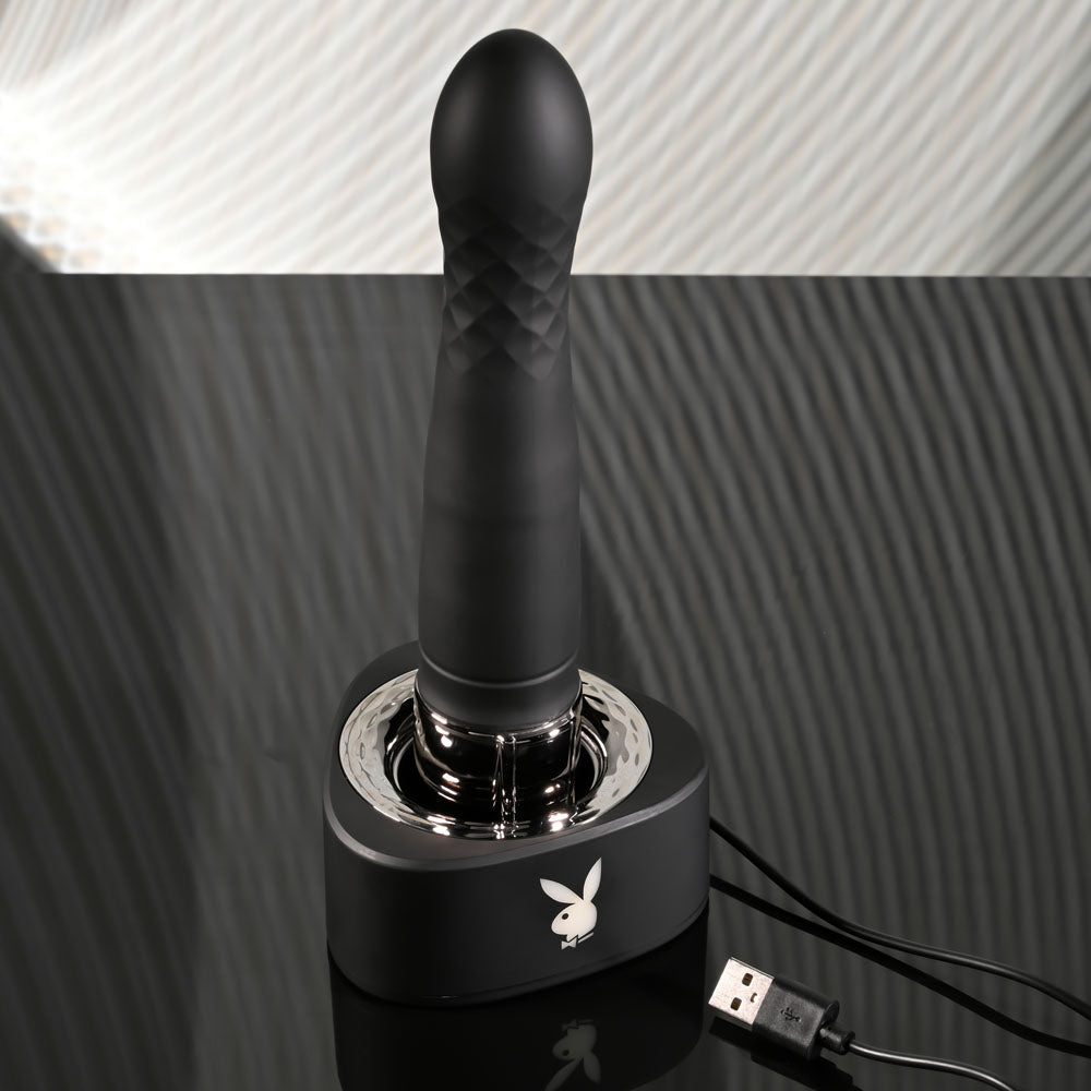 Playboy Pleasure PLEASURE ZONE - Black 21.4 cm Rechargeable Vibrator with USB Charging Dock – Sex toys NZ by Naughtyhut. Discreet delivery nationwide.
