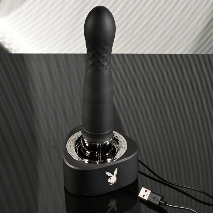 Playboy Pleasure PLEASURE ZONE - Black 21.4 cm Rechargeable Vibrator with USB Charging Dock – Sex toys NZ by Naughtyhut. Discreet delivery nationwide.