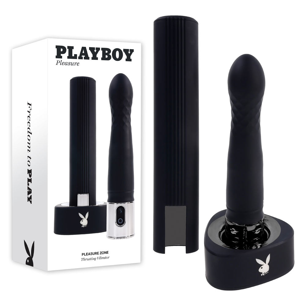 Playboy Pleasure PLEASURE ZONE - Black 21.4 cm Rechargeable Vibrator with USB Charging Dock – Sex toys NZ by Naughtyhut. Discreet delivery nationwide.