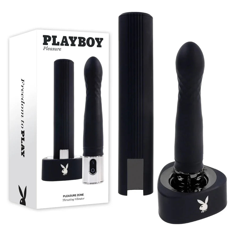 Playboy Pleasure Pleasure Zone thrusting vibrator in black with charging dock and box