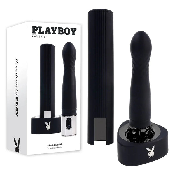 Playboy Pleasure Pleasure Zone thrusting vibrator in black with charging dock and box