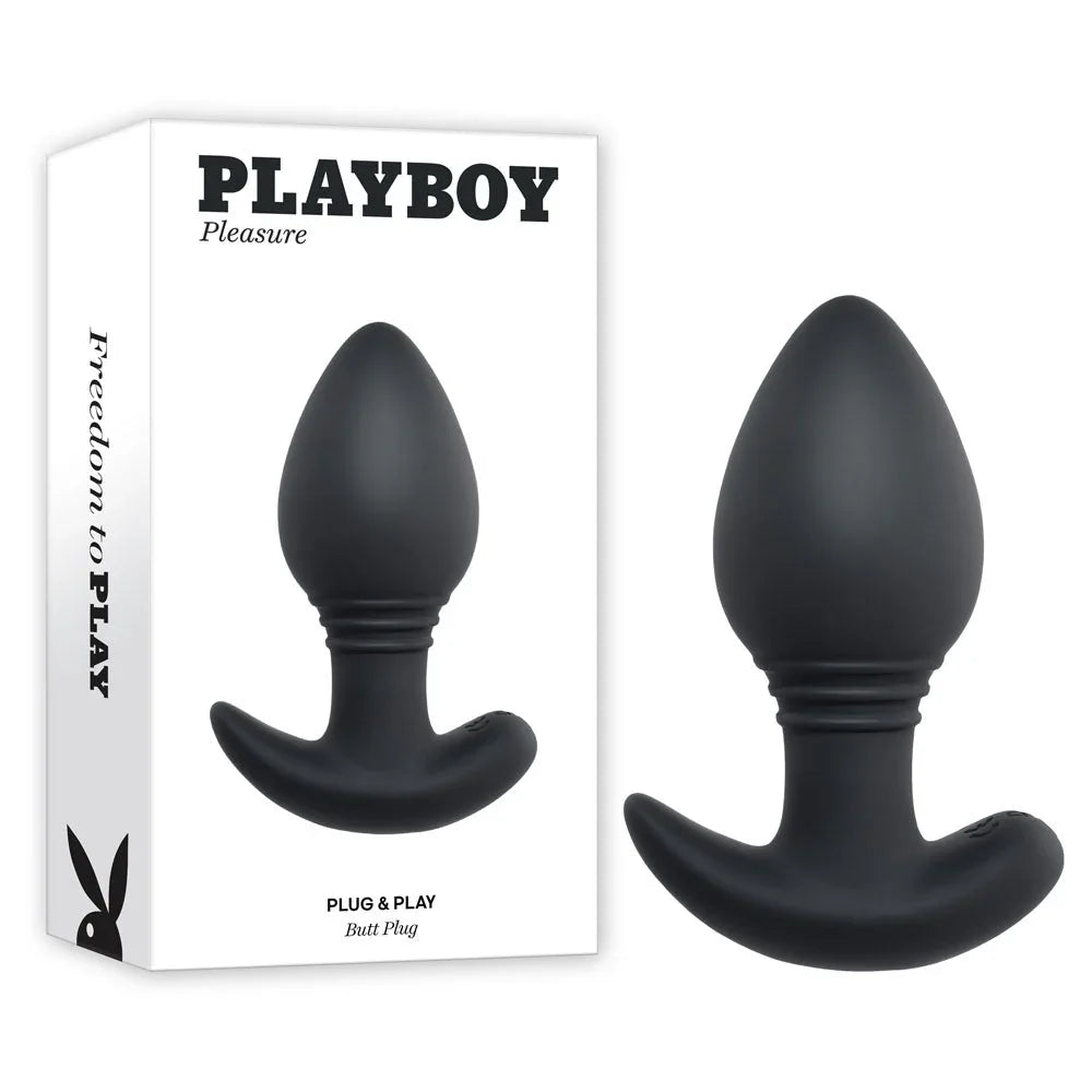 Playboy Pleasure Plug & Play vibrating butt plug in black beside its Playboy retail box